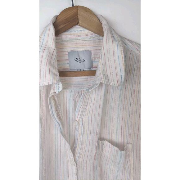 Rails Charli Oahu Rainbow Lurex Metallic Stripe Button Up Blouse Small Linen - Picture 2 of 6